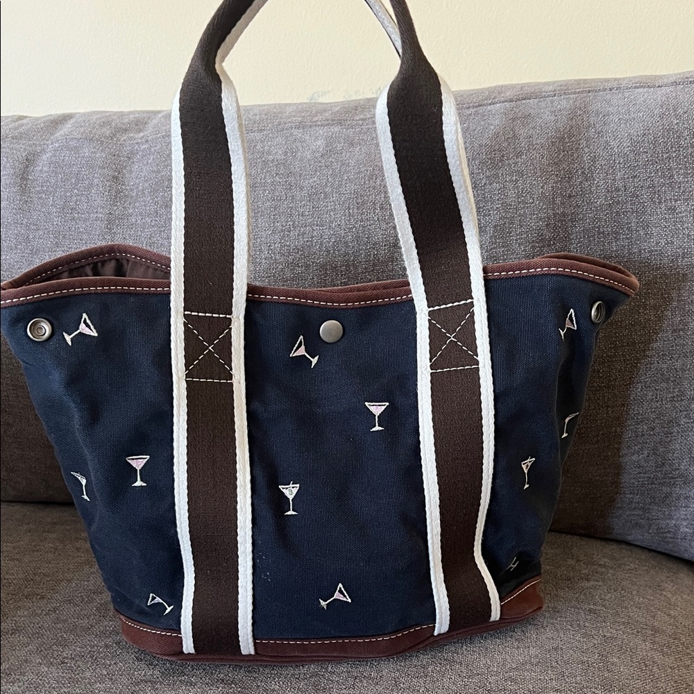 J. Crew Navy Tote with Brown and White Straps